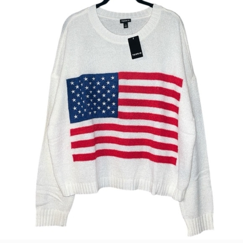 TORRID White Crewneck Sweater with Red White & Blue American Flag Graphic - Picture 6 of 15